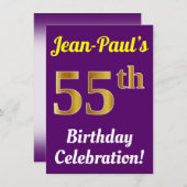 紫、フェイク金ゴールド55番目の誕生祝い+名前 招待状 (正面/裏面)