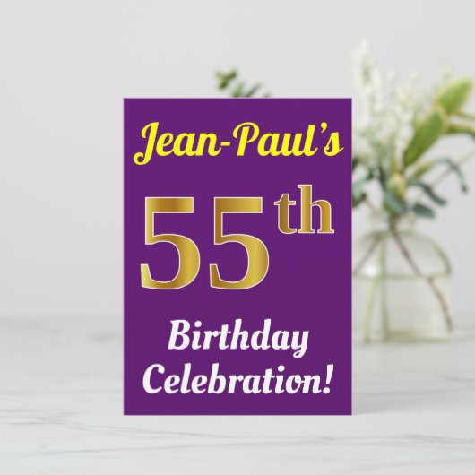 紫、フェイク金ゴールド55番目の誕生祝い+名前 招待状 (スタンド正面)