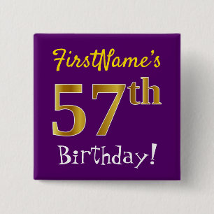 紫、フェイク金ゴールド57番目の誕生日、名前をカスタムする付き 缶バッジ