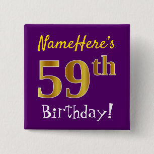 紫、フェイク金ゴールド59番目の誕生日、名前をカスタムする付き 缶バッジ