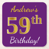 紫、フェイク金ゴールド59誕生日+名前をカスタムする スクエアペーパーコースター (正面)