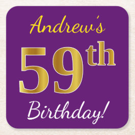 紫、フェイク金ゴールド59誕生日+名前をカスタムする スクエアペーパーコースター