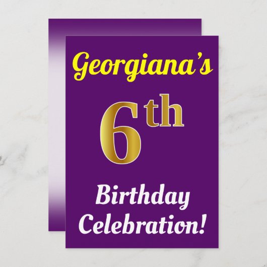 紫、フェイク金ゴールド6番目の誕生祝い+名前 招待状 (正面/裏面)