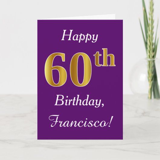 紫、フェイク金ゴールド60誕生日+名前をカスタムする カード (正面)