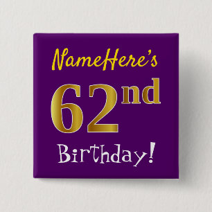 紫、フェイク金ゴールド62番目の誕生日、名前をカスタムする付き 缶バッジ