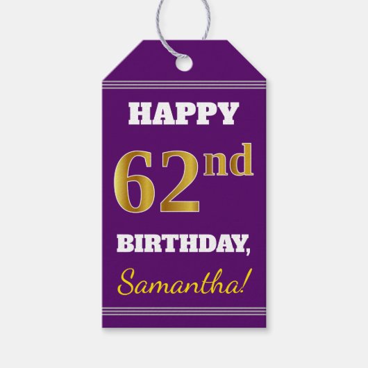 紫、フェイク金ゴールド62番目の誕生日+名前をカスタムする ギフトタグ (正面)