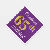 紫、フェイク金ゴールド65番目の誕生日+名前をカスタムする スタンダードランチョンナプキン (角)