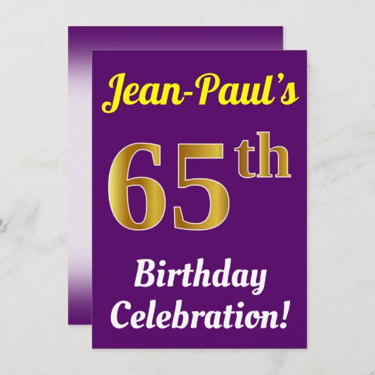 紫、フェイク金ゴールド65番目の誕生祝い+名前 招待状 (正面/裏面)