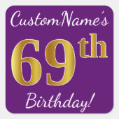 紫、フェイク金ゴールド69誕生日+名前をカスタムする スクエアシール (正面)