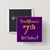 紫、フェイク金ゴールド7番目の誕生日、名前をカスタムする付き 缶バッジ (正面&裏面)
