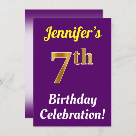 紫、フェイク金ゴールド7番目の誕生祝い+名前 招待状 (正面/裏面)