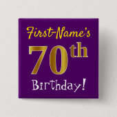 紫、フェイク金ゴールド70番目の誕生日、名前をカスタムする付き 缶バッジ (正面)