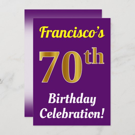 紫、フェイク金ゴールド70番目の誕生祝い+名前 招待状 (正面/裏面)