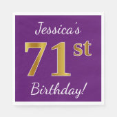 紫、フェイク金ゴールド71番目の誕生日+名前をカスタムする スタンダードランチョンナプキン (正面)