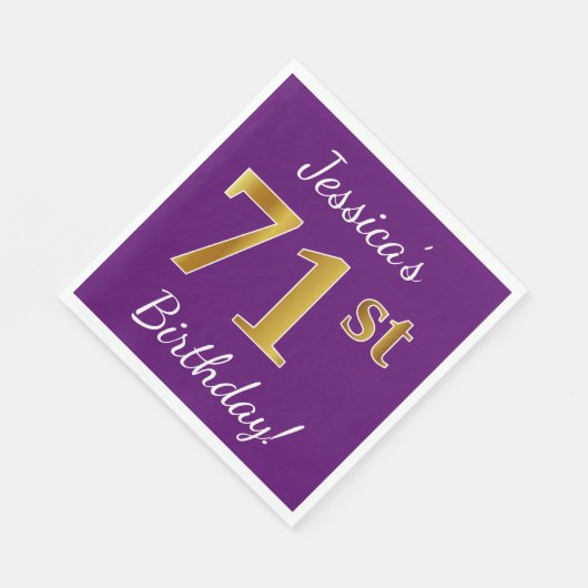紫、フェイク金ゴールド71番目の誕生日+名前をカスタムする スタンダードランチョンナプキン (角)
