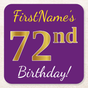 紫、フェイク金ゴールド72番目の誕生日+名前をカスタムする スクエアペーパーコースター