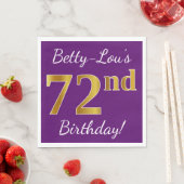 紫、フェイク金ゴールド72番目の誕生日+名前をカスタムする スタンダードランチョンナプキン (インサイチュ)