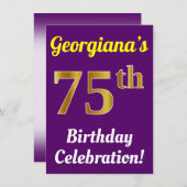 紫、フェイク金ゴールド75番目の誕生祝い+名前 招待状 (正面/裏面)