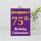 紫、フェイク金ゴールド75番目の誕生祝い+名前 招待状 (スタンド正面)