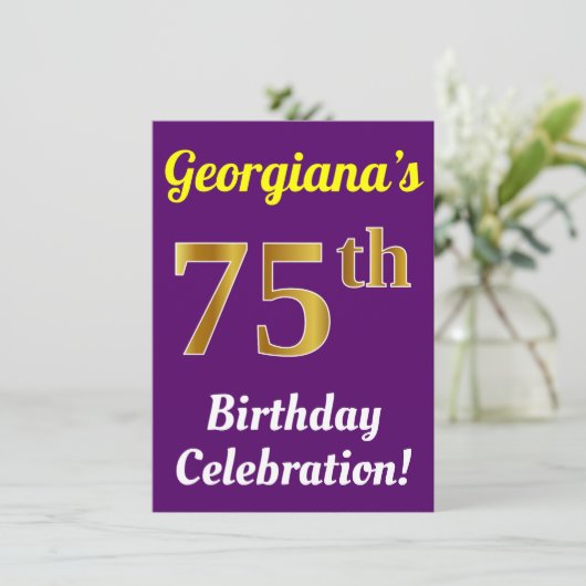 紫、フェイク金ゴールド75番目の誕生祝い+名前 招待状 (スタンド正面)