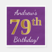紫、フェイク金ゴールド79誕生日+名前をカスタムする スタンダードランチョンナプキン (正面)