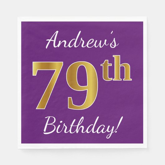 紫、フェイク金ゴールド79誕生日+名前をカスタムする スタンダードランチョンナプキン (正面)