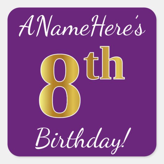 紫、フェイク金ゴールド8誕生日+名前をカスタムする スクエアシール (正面)