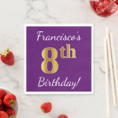 紫、フェイク金ゴールド8誕生日+名前をカスタムする スタンダードランチョンナプキン (インサイチュ)