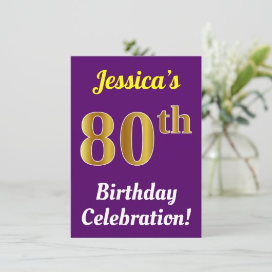 紫、フェイク金ゴールド80番目の誕生祝い+名前 招待状 (スタンド正面)