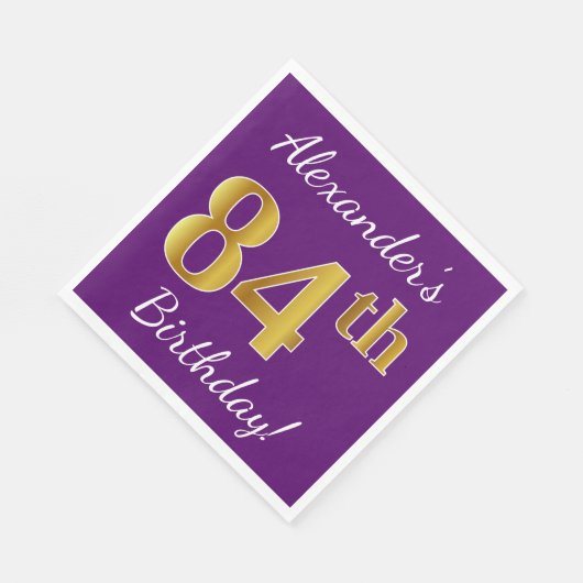 紫、フェイク金ゴールド84番目の誕生日+名前をカスタムする スタンダードランチョンナプキン (角)