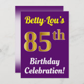 紫、フェイク金ゴールド85番目の誕生祝い+名前 招待状 (正面/裏面)