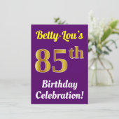 紫、フェイク金ゴールド85番目の誕生祝い+名前 招待状 (スタンド正面)