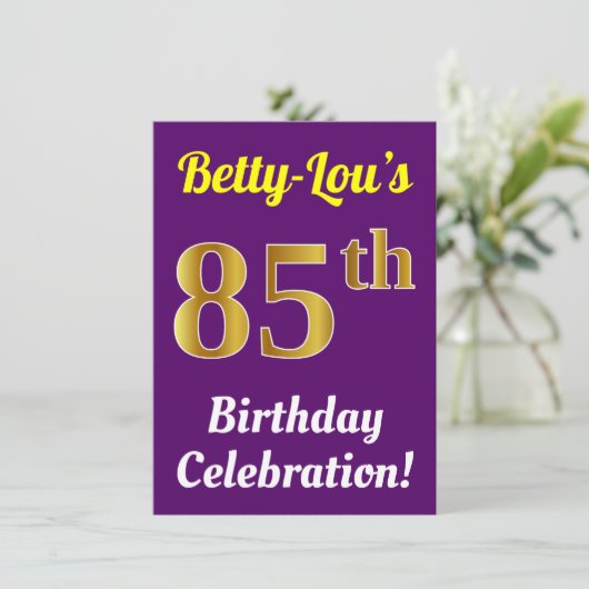 紫、フェイク金ゴールド85番目の誕生祝い+名前 招待状 (スタンド正面)