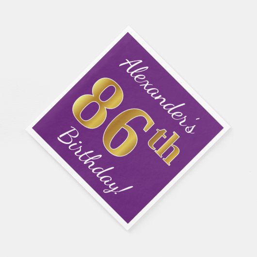 紫、フェイク金ゴールド86番目の誕生日+名前をカスタムする スタンダードランチョンナプキン (角)