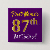 紫、フェイク金ゴールド87番目の誕生日、名前をカスタムする付き 缶バッジ (正面)
