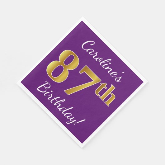 紫、フェイク金ゴールド87番目の誕生日+名前をカスタムする スタンダードランチョンナプキン (角)