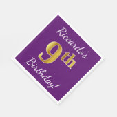 紫、フェイク金ゴールド9番目の誕生日+名前をカスタムする スタンダードランチョンナプキン (角)