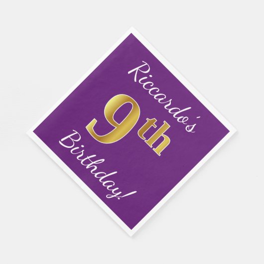 紫、フェイク金ゴールド9番目の誕生日+名前をカスタムする スタンダードランチョンナプキン (角)