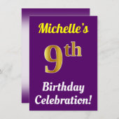 紫、フェイク金ゴールド9番目の誕生祝い+名前 招待状 (正面/裏面)