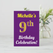 紫、フェイク金ゴールド9番目の誕生祝い+名前 招待状 (スタンド正面)