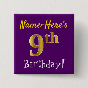 紫、フェイク金ゴールド9誕生日、名前をカスタムする付き 缶バッジ