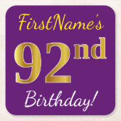 紫、フェイク金ゴールド92番目の誕生日+名前をカスタムする スクエアペーパーコースター (正面)