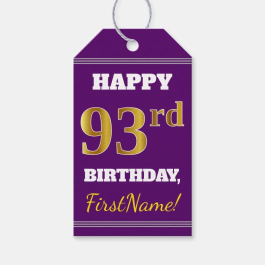紫、フェイク金ゴールド93番目の誕生日+名前をカスタムする ギフトタグ (正面)