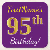 紫、フェイク金ゴールド95誕生日+名前をカスタムする スクエアペーパーコースター (正面)