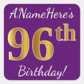 紫、フェイク金ゴールド96誕生日+名前をカスタムする スクエアシール (正面)