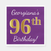 紫、フェイク金ゴールド96誕生日+名前をカスタムする スタンダードランチョンナプキン (正面)