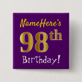 紫、フェイク金ゴールド98番目の誕生日、名前をカスタムする付き 缶バッジ (正面)