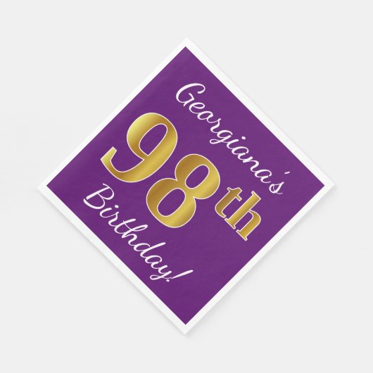 紫、フェイク金ゴールド98誕生日+名前をカスタムする スタンダードランチョンナプキン (角)