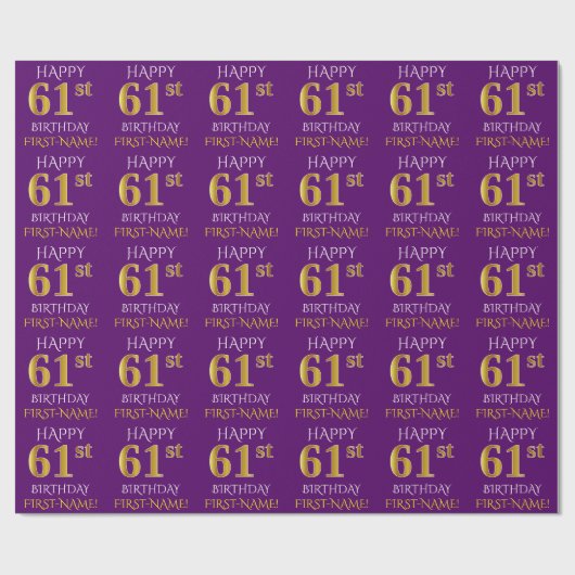 紫、フェイク金ゴールド「HAPPY 61st誕生日」 ラッピングペーパー (フラット)