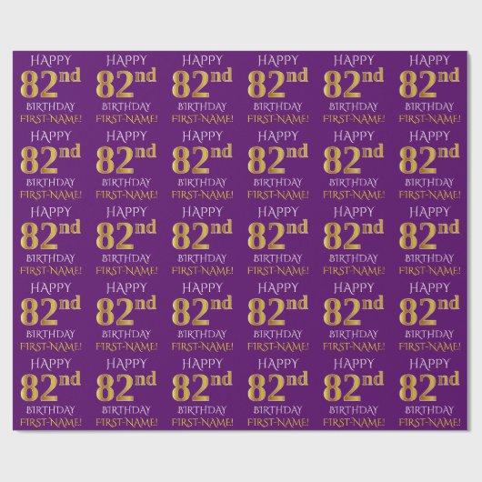 紫、フェイク金ゴールド「HAPPY 82nd誕生日」 ラッピングペーパー (フラット)
